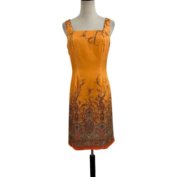 Vtg 90s Ann Taylor Orange Silk Shift Midi Dress Sz 6 Paisley Boho Cocktail Event - Picture 1 of 8